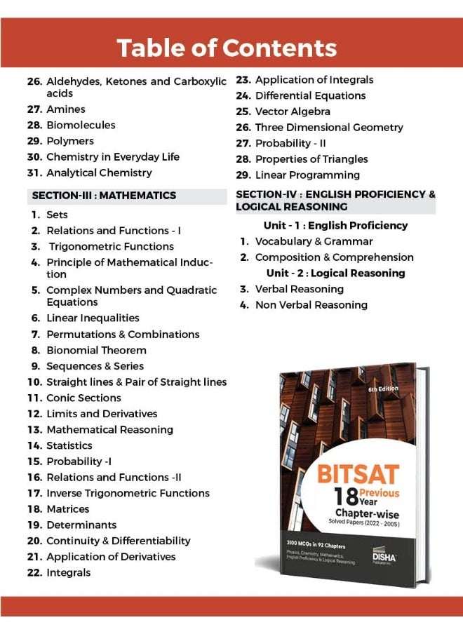 BITSAT 18 Previous Year Chapter-wise Solved Papers (2022 - 2005) 6th Edition Physics, Chemistry, Mathematics, English & Logical Reasoning 3100 PYQs  - Image 4