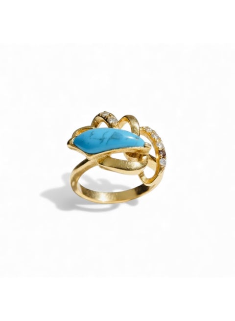 An elegant gold ring with a turquoise stone in a marquise cut, surrounded by curved bands studded with sparkling zircon stones.