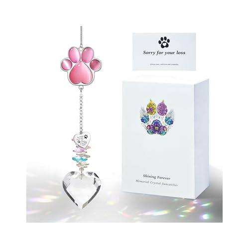 AMETHUARTZ Pet Memorial Suncatcher - Dog Memorial Gifts, Pet Loss Sympathy, Thoughtful Dogs and Cats Bereavement Remembrance Gifts, Natural Cat's Eye Paw Crystal Suncatcher(Pink) - Image 1