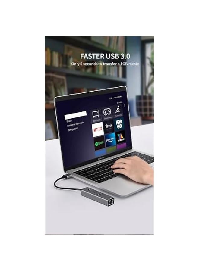 هوكور محول ايثرنت USB 3.0، موزع USB 4 في 1 مع 3 منافذ بيانات USB-A وشبكة RJ45 جيجابت واحدة، موزع USB متعدد المنافذ للابتوب والكمبيوتر وماك بوك برو/اير 2015 وسيرفس وديل اكس بي اس وكروم بوك وثينك باد - Image 4