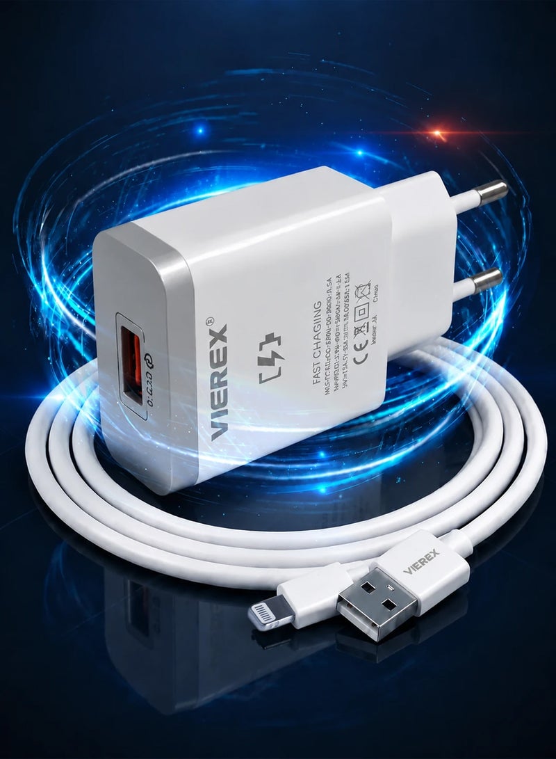 Vierex شاحن سريع 18 واط رفيق السفر يتضمن كابل USB-C إلى Lightning لأجهزة Apple 14/13/12/11 - Image 1