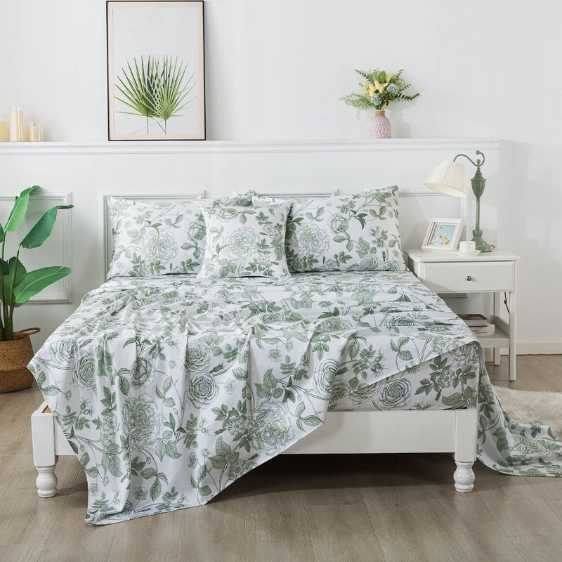 FADFAY Sheets Set Queen Vintage White and Green Floral Bedding Elegant Peony Sheets Set Shabby Rose Farmhouse Bedding 100% Egyptian Cotton 800 Thread Count Deep Pocket Fitted Sheet 4Pcs, Queen Size - Image 3