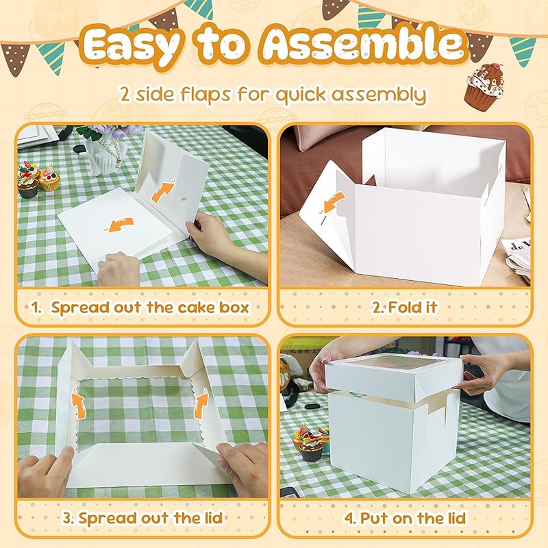 RYDDOY 3 Pack Cake Boxes, 10x10x8 Inches Tall Cakes Box with Window, White Cake Boxes with Cakes Boards, Square Bakery Box, for Cake, Treat Cookie Dessert, Pastry, Birthday Party, Mother's Day, Weddings - Image 4