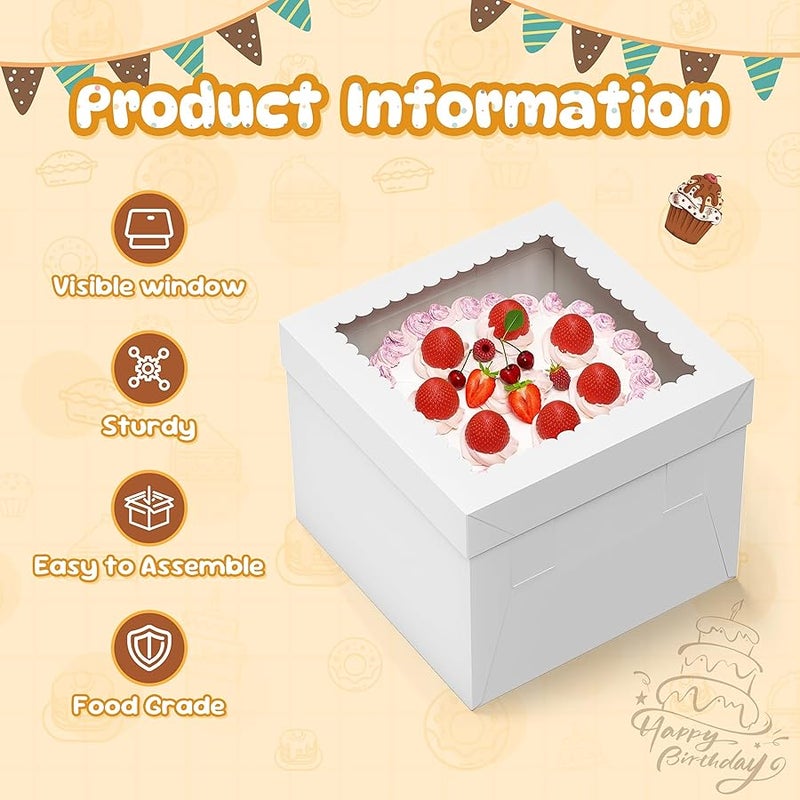 RYDDOY 3 Pack Cake Boxes, 10x10x8 Inches Tall Cakes Box with Window, White Cake Boxes with Cakes Boards, Square Bakery Box, for Cake, Treat Cookie Dessert, Pastry, Birthday Party, Mother's Day, Weddings - Image 2