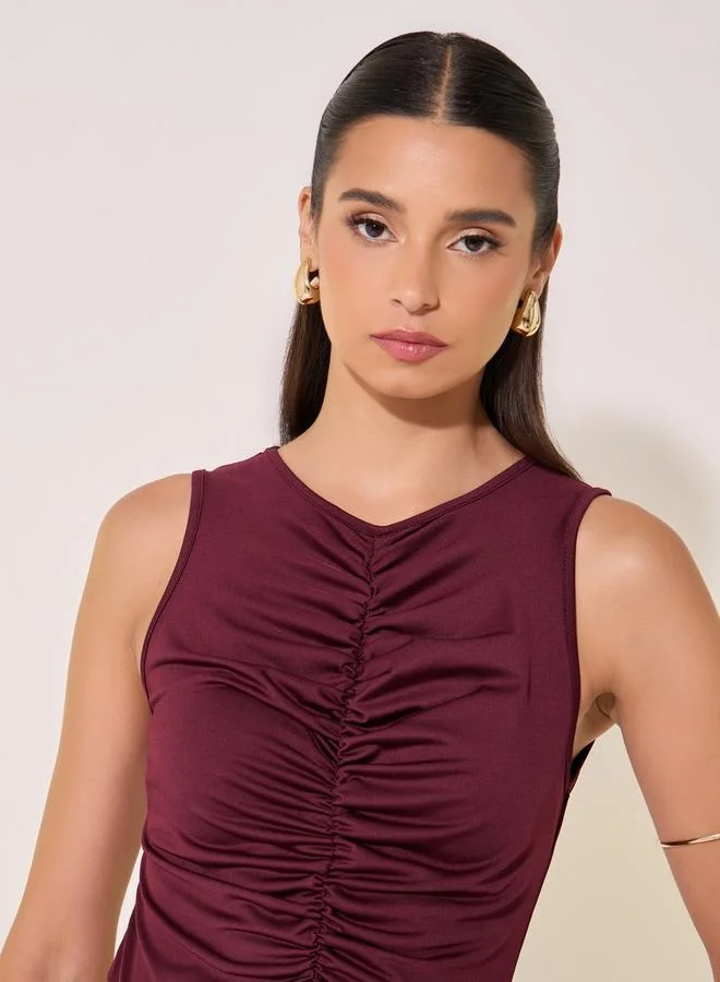 Take Two Solid Gathered Detail Sleeveless Maxi Dress