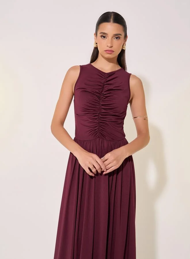 Take Two Solid Gathered Detail Sleeveless Maxi Dress