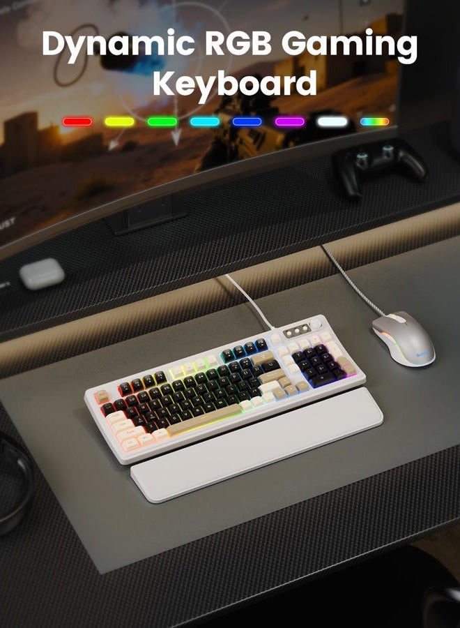 SABLUTE Wired Gaming Keyboard and Mouse, RGB Backlit Mechanical Feel PC Gaming Keyboards Multimedia Knob& Anti-Ghosting Ergonomic Premium Leather Wrist Rest for Game (White) - Image 2