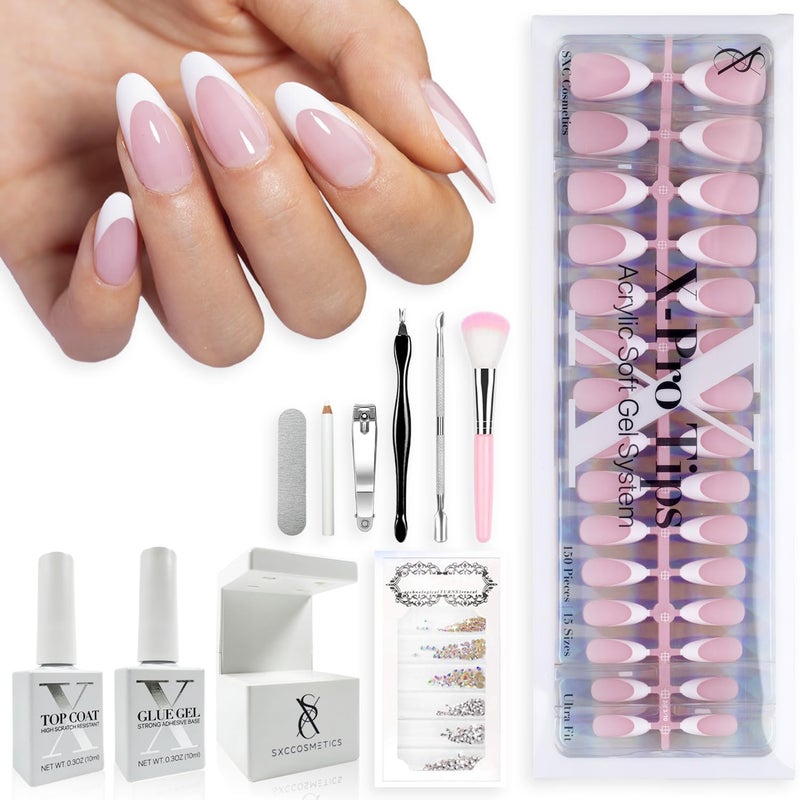 SXC Cosmetics French Tip Press On Nails Pink Series, Medium Almond X-Pro Tips Starter Kit - Image 1