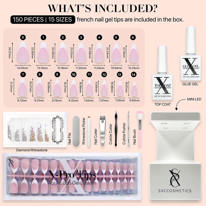 SXC Cosmetics French Tip Press On Nails Pink Series, Medium Almond X-Pro Tips Starter Kit - Image 3