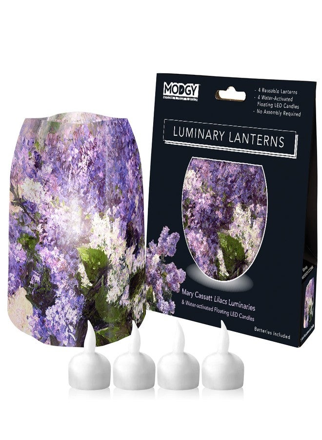 MODGY Luminary Lanterns Candle Holder Decorative Indoor Outdoor Decor, Plastic Candle Lantern Lamps for Wedding Table Centerpiece Porch 4-Pack, with Flameless Floating LED Candles, Mary Cassatt Lilacs - Image 1