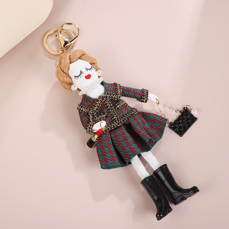 Cross-Border fashion girl messenger bag key ring pendant Korean cute little sister doll car keychain ornaments Red and Green chessboard plaid skirt girl keychain