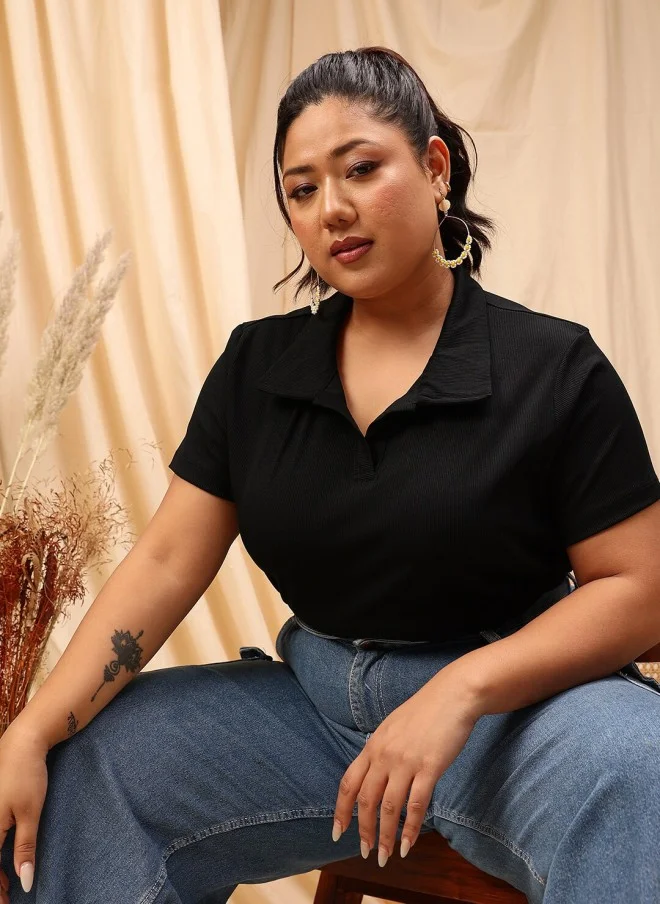 CURVY STREET Black Striped Polo Shirt for Women
