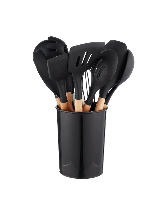11-piece silicone serving set with wooden handle and plastic holder - Black - Image 1
