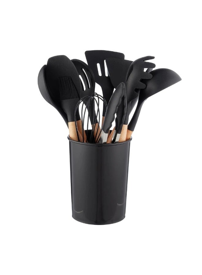 11-piece silicone serving set with wooden handle and plastic holder - Black - Image 2
