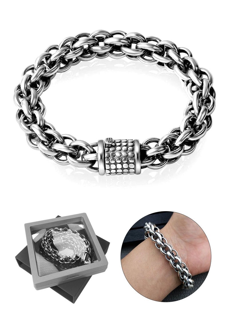 Syarme Mens Bracelets Copper Silver Plated Wristband Retro Personality Bangles, Stainless Steel Circular Ring Shape Inspirational Wristband, 20cm Boy Jewelry Men's Best Gift, with Gift Box - Image 1