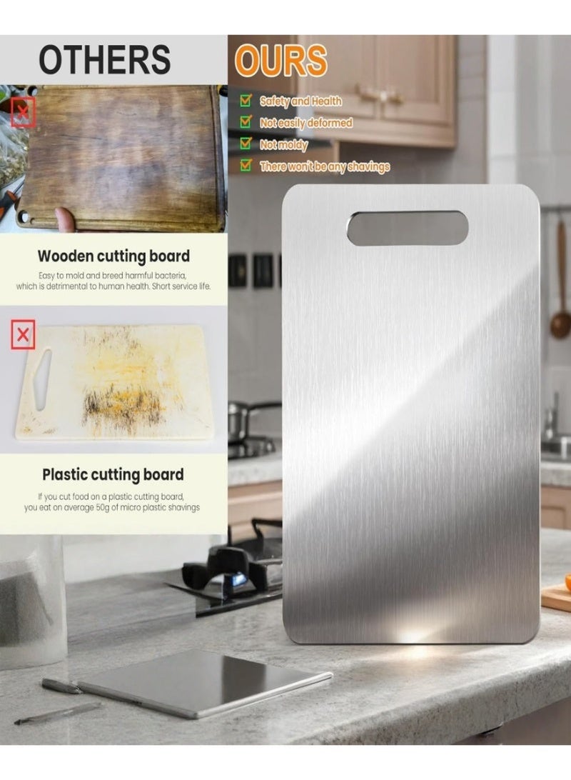 Stainless Steel Cutting Board Double Sided Food Grade, Chopping Board Anti-Mold Antibacterial Hygienic, Kitchen Cutting Board for Meat Vegetable Fruit Prep, Dishwasher Safe, 39×28cm, Kitchen Utensils - Image 2
