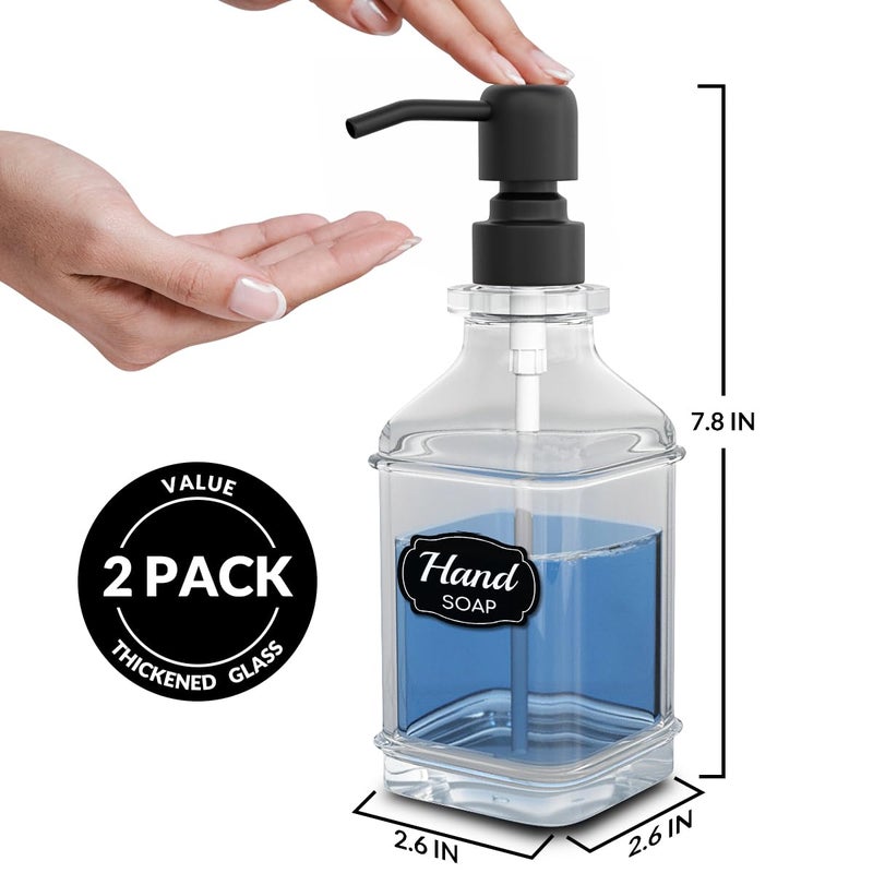 LMQML Soap Dispenser - 2 Pack, Antique Design Thick Glass Hand Soap Dispensers with Sturdy Tray; 304 Rust Proof Stainless Steel Black Pump, 12Pcs Stickers, for Kitchen, Bathroom - Image 3
