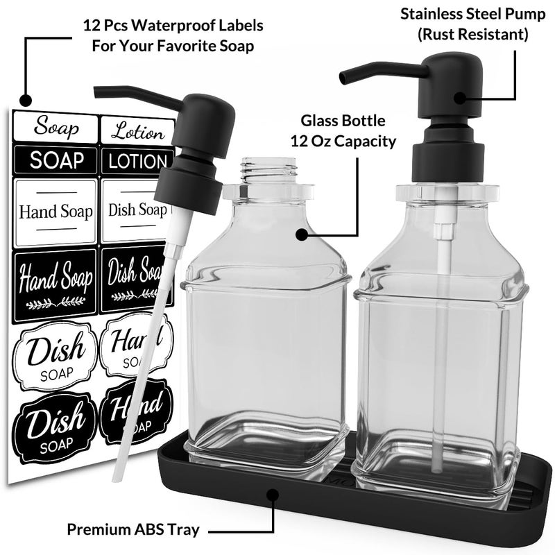 LMQML Soap Dispenser - 2 Pack, Antique Design Thick Glass Hand Soap Dispensers with Sturdy Tray; 304 Rust Proof Stainless Steel Black Pump, 12Pcs Stickers, for Kitchen, Bathroom - Image 2