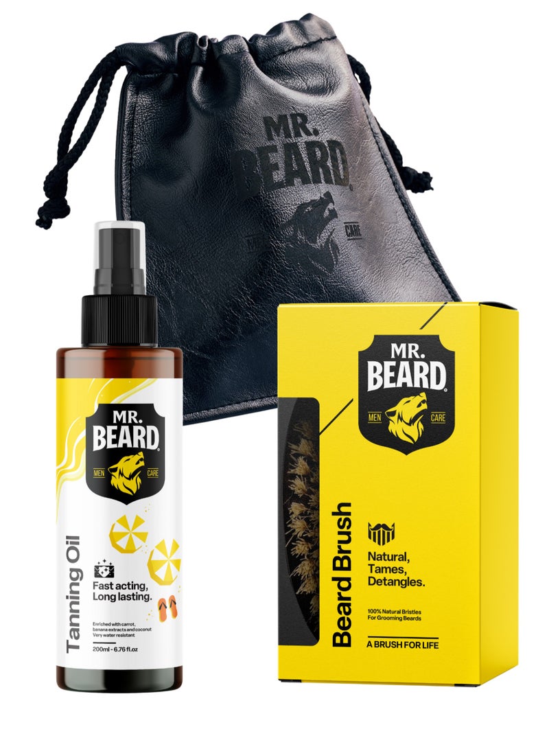 Mr.Beard Sun & Style Bundle Tanning Oil + Beard Brush + Leather Travel Pouch