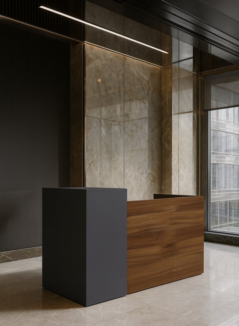Karnak Verona Luxury Modern Reception Desk Counter | Two-Tone Office Front Desk with Elegant Design, Durable Finish & Spacious Workspace for Offices, Hotels, Clinics, Salons & Showrooms ( Walnut-Dust Grey ) - Image 1