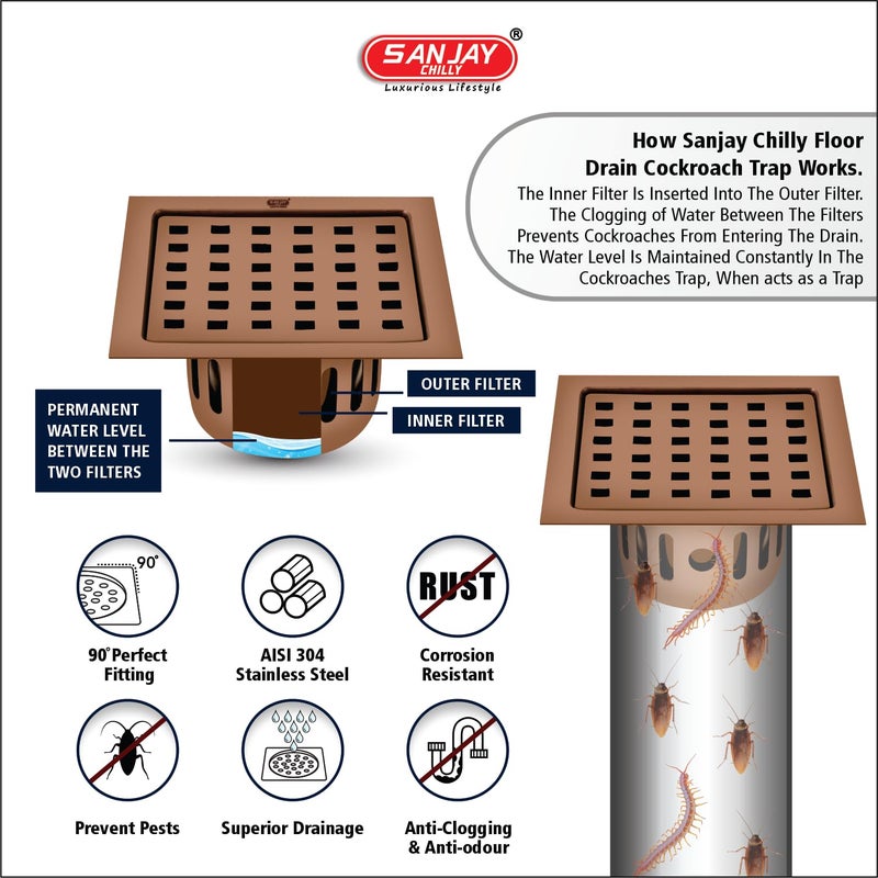 Sanjay Chilly Square Zoom Colour Collection SS Floor Drain for Bathroom with Cockroach Trap 304 Grade Floor Drain Cover Safety from Cockroach & Insects Anti Odor Drain Strainers (5x5 Inch Rose Gold) - Image 5