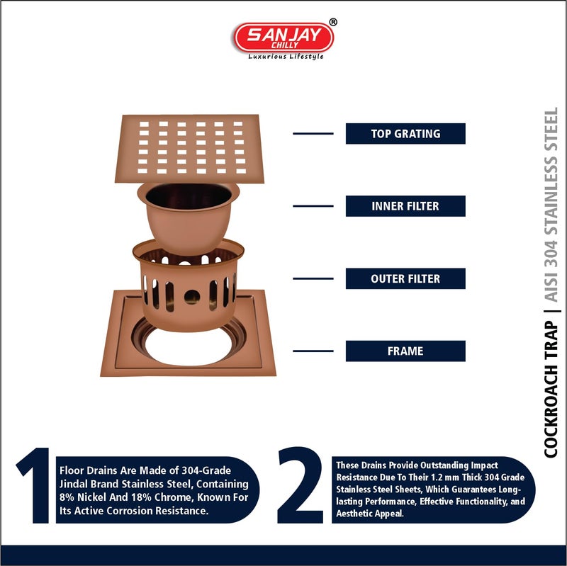 Sanjay Chilly Square Zoom Colour Collection SS Floor Drain for Bathroom with Cockroach Trap 304 Grade Floor Drain Cover Safety from Cockroach & Insects Anti Odor Drain Strainers (5x5 Inch Rose Gold) - Image 4