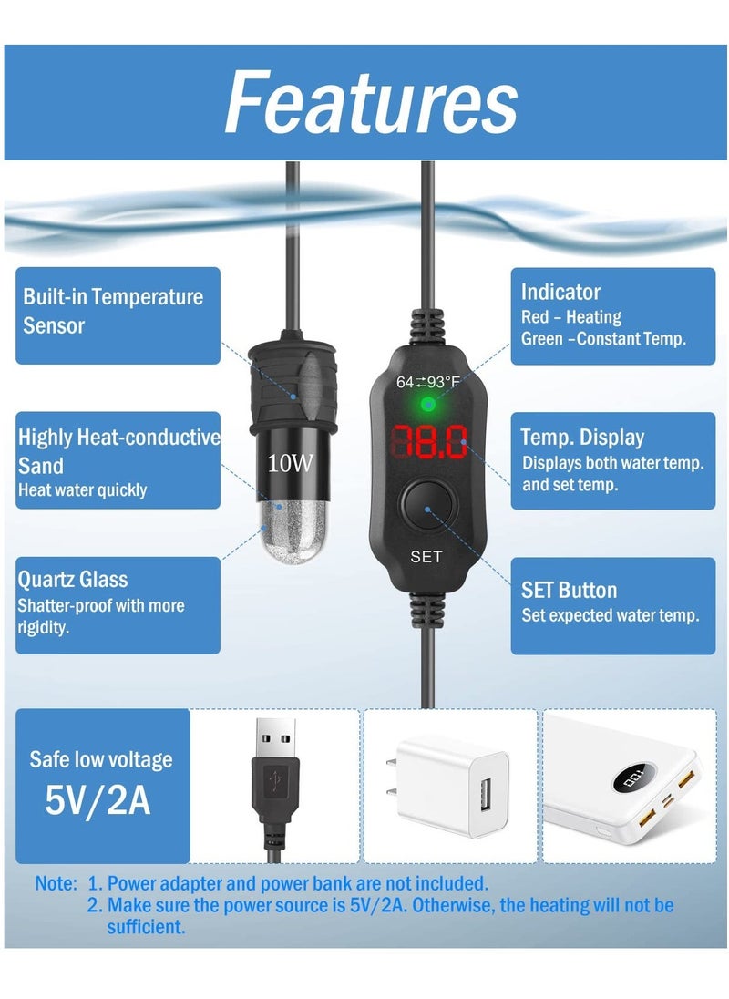 SYOSI - Adjustable 10W Betta Heater, Small Submersible Fish Tank Heater with Digital Display Thermostat, USB Powered, for Aquariums up to 1 Gallon - Image 1