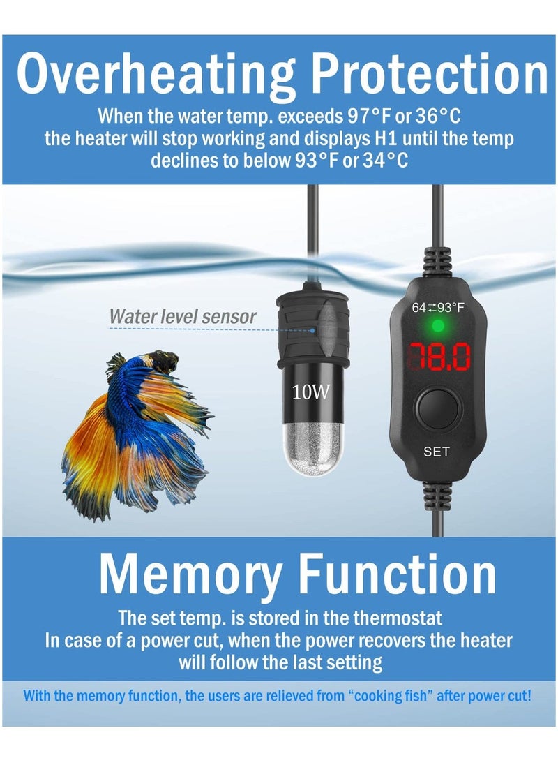 SYOSI - Adjustable 10W Betta Heater, Small Submersible Fish Tank Heater with Digital Display Thermostat, USB Powered, for Aquariums up to 1 Gallon - Image 1