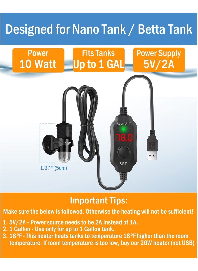 SYOSI - Adjustable 10W Betta Heater, Small Submersible Fish Tank Heater with Digital Display Thermostat, USB Powered, for Aquariums up to 1 Gallon - Image 1