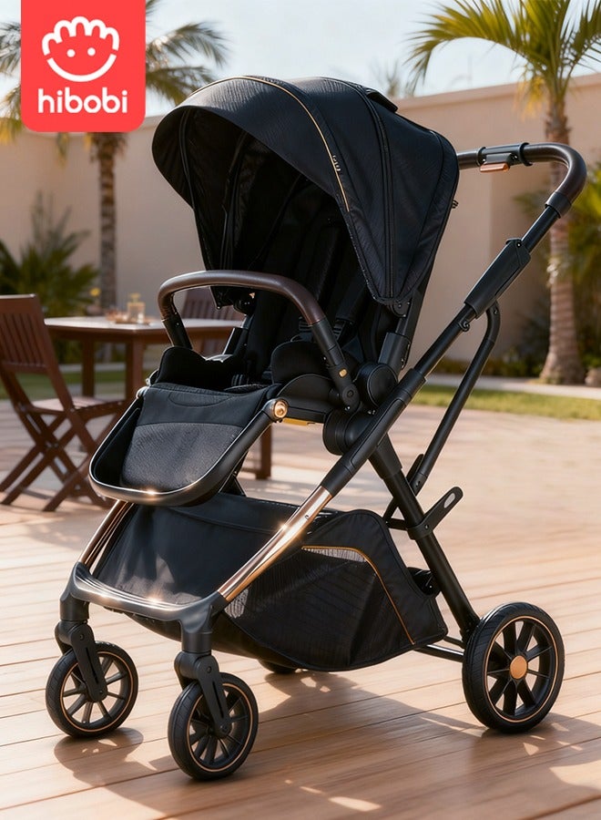 hibobi Luxury High Landscape Reversible Baby Stroller, One-Click Fold, 22cm Shock-Absorbing Rubber Wheels, Detachable Bassinet, Multi-Position Recline, 70kg Capacity, 0–6 Years, Black Single Stroller - Image 1