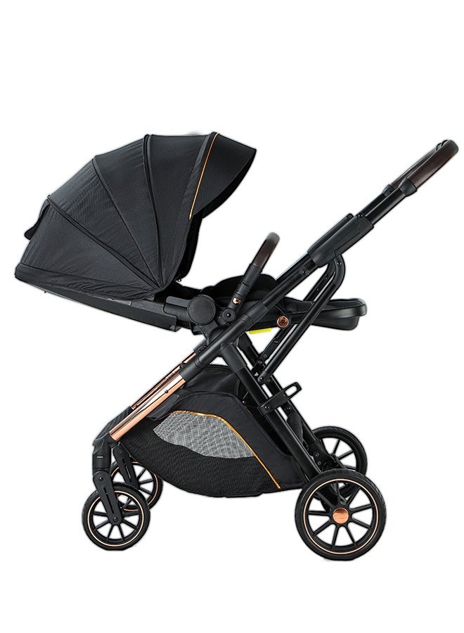 hibobi Luxury High Landscape Reversible Baby Stroller, One-Click Fold, 22cm Shock-Absorbing Rubber Wheels, Detachable Bassinet, Multi-Position Recline, 70kg Capacity, 0–6 Years, Black Single Stroller - Image 3