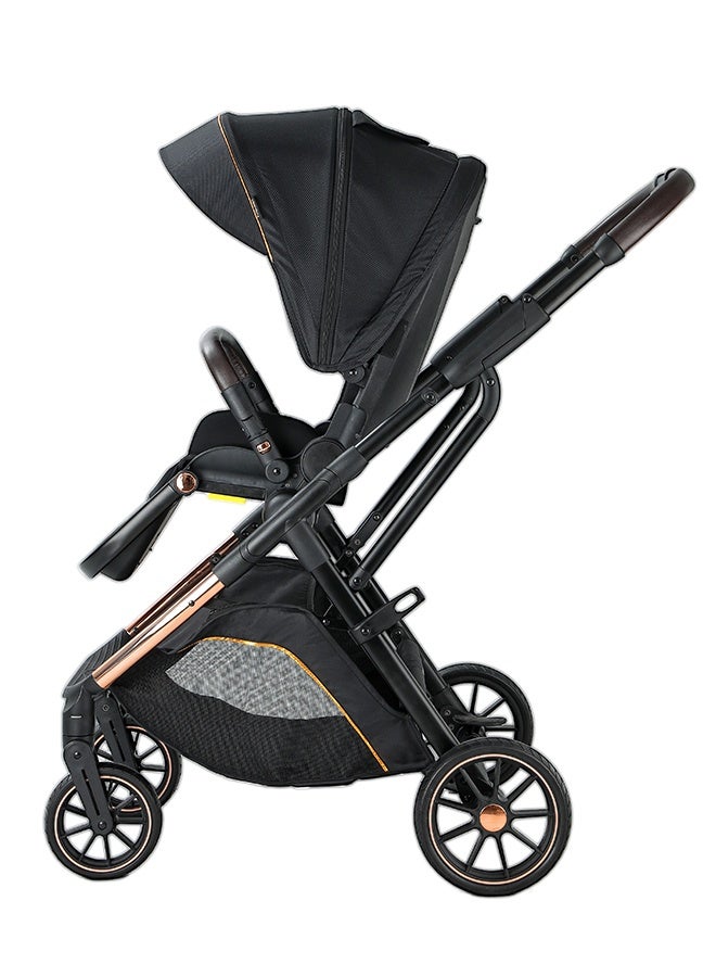 hibobi Luxury High Landscape Reversible Baby Stroller, One-Click Fold, 22cm Shock-Absorbing Rubber Wheels, Detachable Bassinet, Multi-Position Recline, 70kg Capacity, 0–6 Years, Black Single Stroller - Image 2