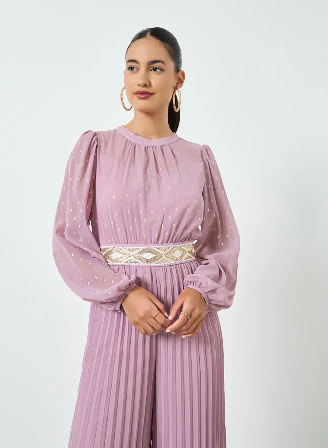 Styli Lilac Wide Leg Pleated Jumpsuit with Lurex Detail