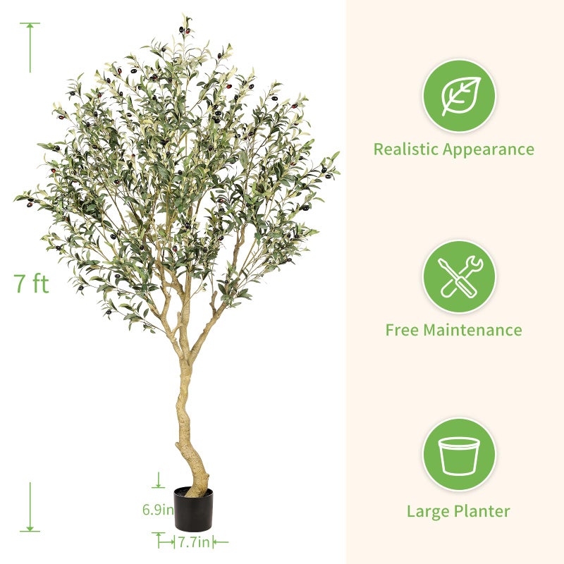 Realead 7FT Olive Trees Artificial Indoor - Tall Faux Olive Tree 7 Feet with Realistic Leaves and Natural Wood Trunk - Potted Fake Olive Tree for Modern Home Office Living Room Floor Decor Indoor - Image 3