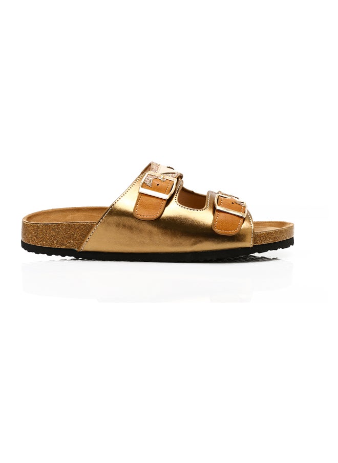 DejaVu Gold Stitched Pattern Double Buckle Slippers  - Image 1