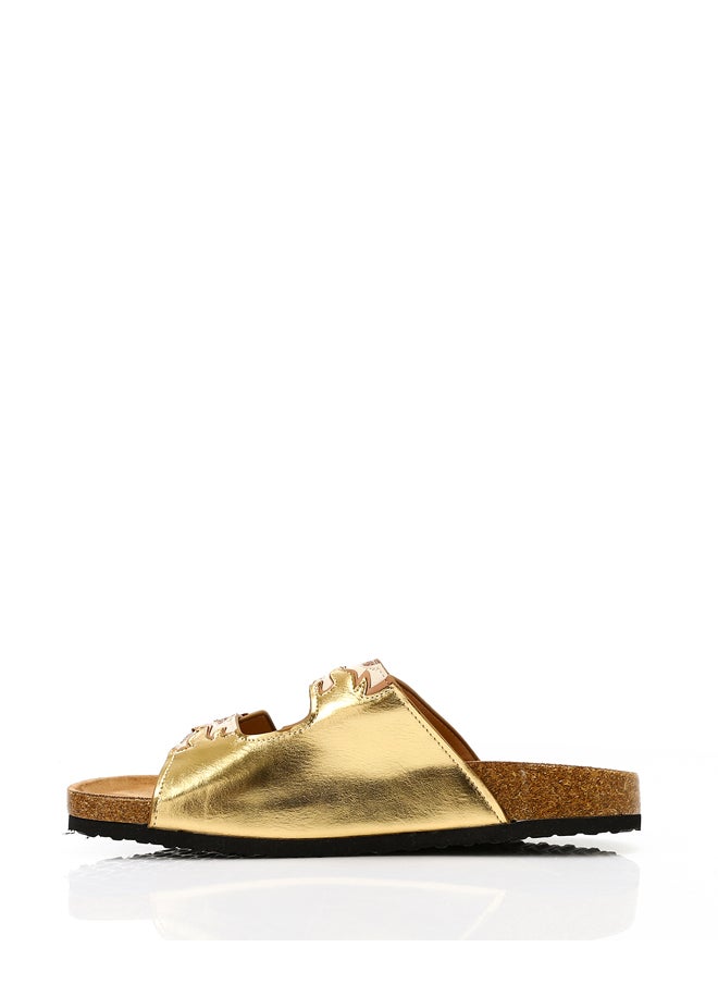 DejaVu Gold Stitched Pattern Double Buckle Slippers  - Image 3