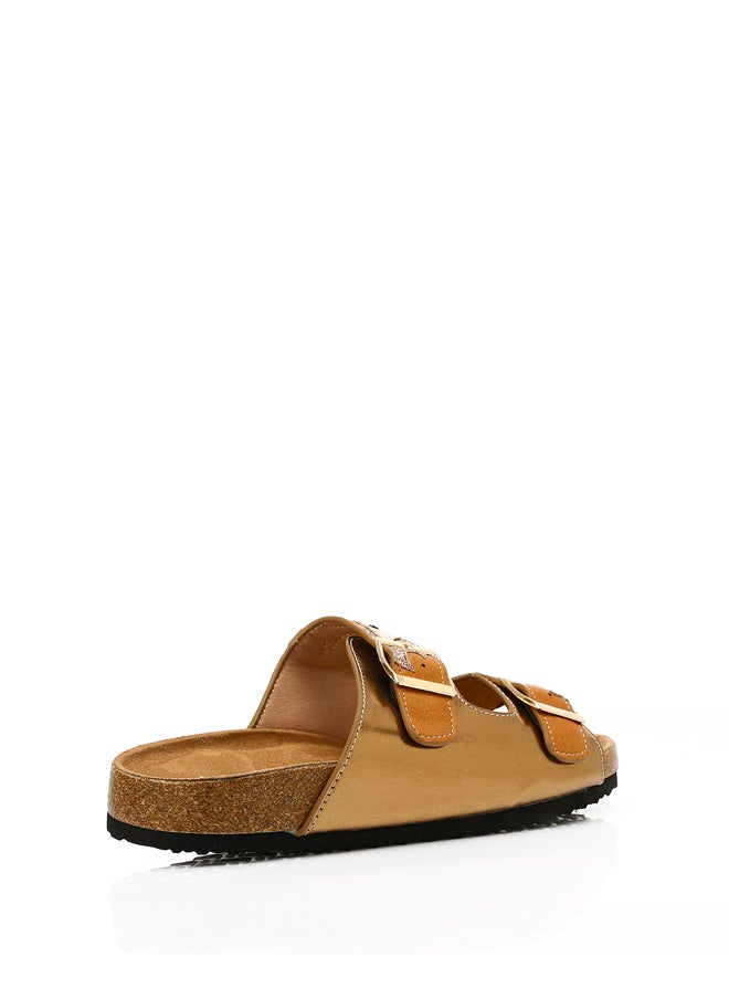 DejaVu Gold Stitched Pattern Double Buckle Slippers  - Image 2