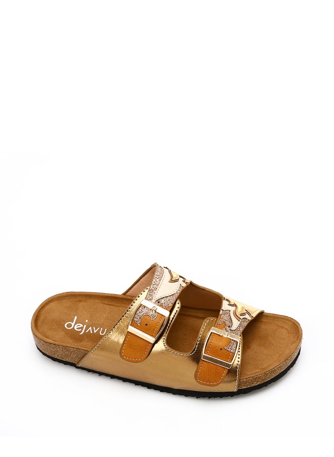 DejaVu Gold Stitched Pattern Double Buckle Slippers  - Image 5