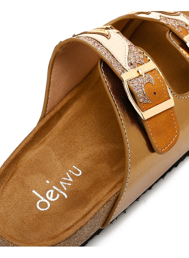 DejaVu Gold Stitched Pattern Double Buckle Slippers  - Image 4