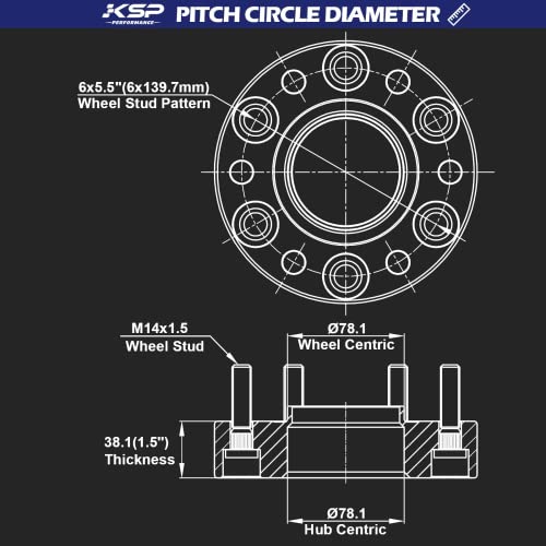 KSP PERFORMANCE فواصل عجلات KSP 1.5" سيلفرادو سييرا، 6x5.5 فاصل مزور حقيقي مع ثقب محور 78.1 مم مسامير M14x1.5 متوافقة مع شيفروليه GMC تاهو أفالانش إكسبريس سوبربان يوكون، فاصل ألمنيوم بسماكة 38 مم - Image 2