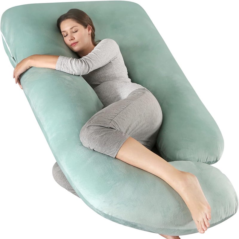 Elover Pregnancy Must Haves Pregnancy Pillow U-Shaped Full Body Maternity Support Pillow for Pregnant Women with Replaceable and Washable Velvet Cover Size 57" (Green, Velvet) - Image 1