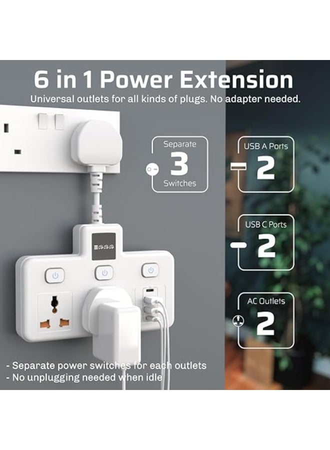 CREATMOR Extension Cord Power Extender Socket,2-Outlet Multi Plug Extension Socket with 4 USB Power Extension,3 Individual Switch Extension Plug,Wall Mount,USB Charging Station for Home Office - Image 4