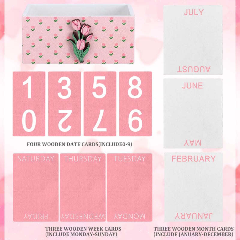 AceOrbit Pink Tulip Wood Block Perpetual Calendar Coquettish Desk Decor Cute Month Week Date Display Decorative Block Calendar for Women Office Home Desk Gift for Women - Image 3