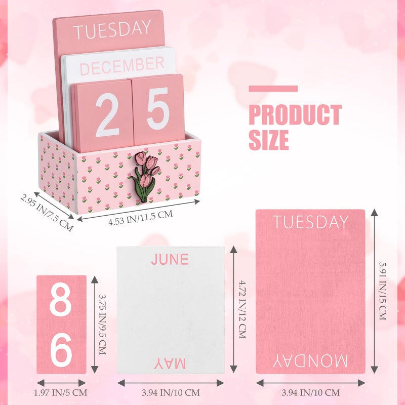 AceOrbit Pink Tulip Wood Block Perpetual Calendar Coquettish Desk Decor Cute Month Week Date Display Decorative Block Calendar for Women Office Home Desk Gift for Women - Image 2