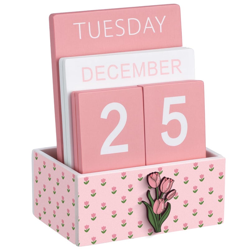 AceOrbit Pink Tulip Wood Block Perpetual Calendar Coquettish Desk Decor Cute Month Week Date Display Decorative Block Calendar for Women Office Home Desk Gift for Women - Image 1