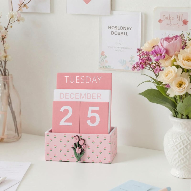 AceOrbit Pink Tulip Wood Block Perpetual Calendar Coquettish Desk Decor Cute Month Week Date Display Decorative Block Calendar for Women Office Home Desk Gift for Women - Image 5