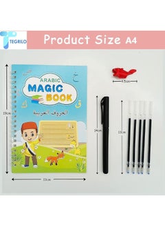 TEGRILO Arabic Handwriting Copybook, Magic Calligraphy Practice Book For Kids, Reusable Tracing Practice kit. Included Easy Grip Pen & Refill 4 books Math Numbers Arabic Alphabet Drawing (A4)  - Image 2