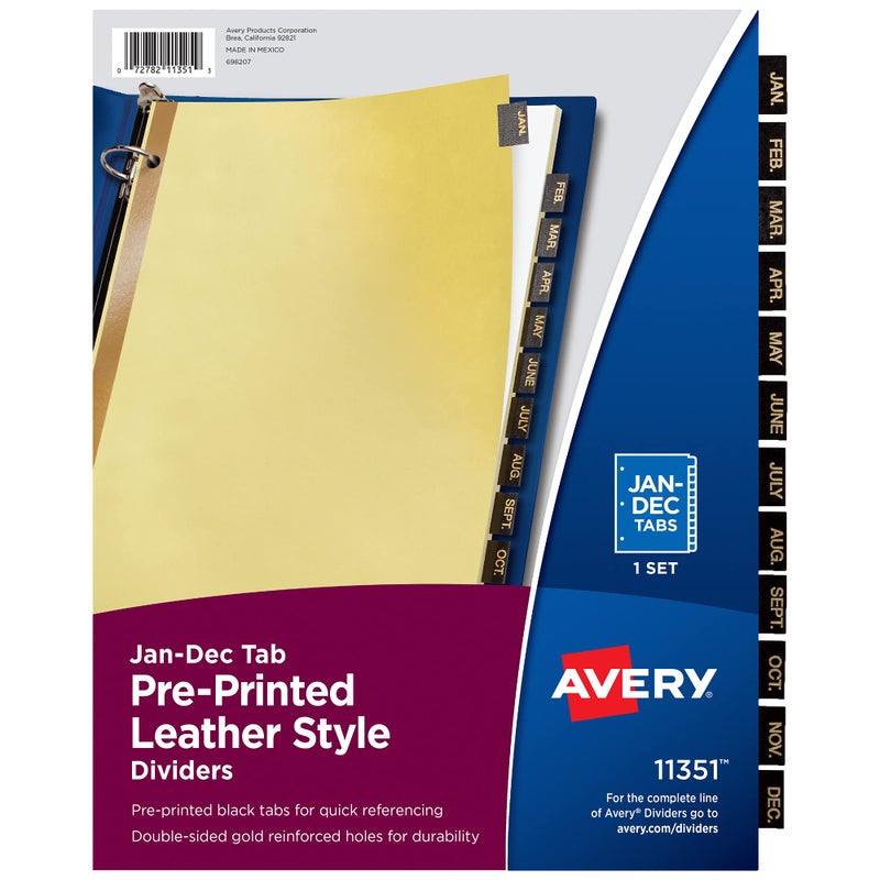 Avery Jan-Dec Dividers for 3 Ring Binders, 12-Tab Set, Pre-Printed Black Leather Tabs, 1 Binder Divider Set (11351) - Image 1