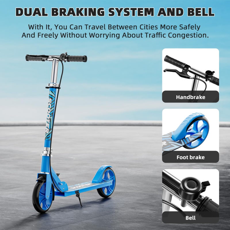 GRENYX Scooters for Kids 8-12, Teens & Adults - Lightweight, Foldable, 8-Inch Big Wheels, Hand Brake & Bell, 4 Adjustable Height Levels, 240 lbs Max Load, Perfect for School, Campus and Park Rides, Blue - Image 2
