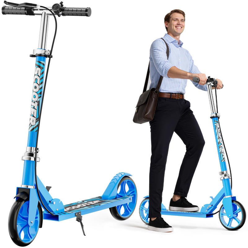 GRENYX Scooters for Kids 8-12, Teens & Adults - Lightweight, Foldable, 8-Inch Big Wheels, Hand Brake & Bell, 4 Adjustable Height Levels, 240 lbs Max Load, Perfect for School, Campus and Park Rides, Blue - Image 1